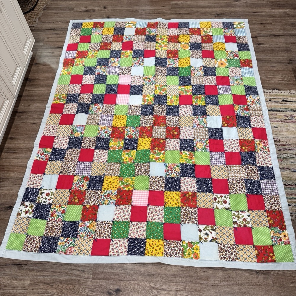 Vintage Patchwork Quilt 80" x 62" Handmade Hand Tied 1970s Cottagecore Farmhouse